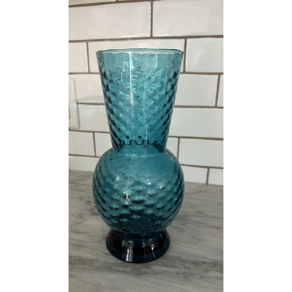 Vintage Italy Empoli Blue Diamond Optic 10" Italian Glass Vase Mid Century c1950
